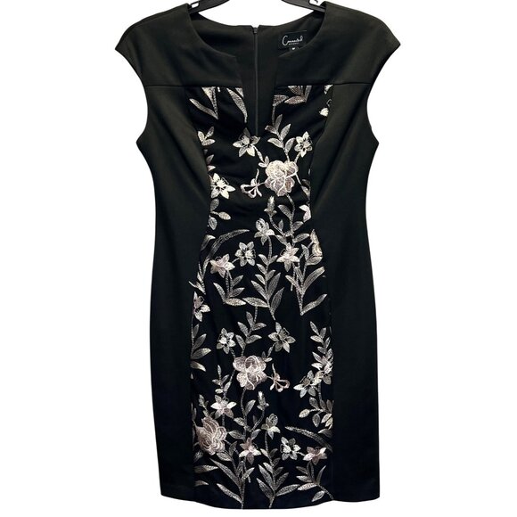 Connected Apparel Black Pink Floral V Neck Embroidered Sheath Back Zip Dress 8P - Picture 1 of 5